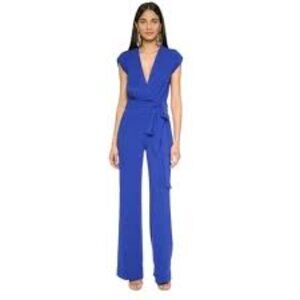 Diane von Furstenburg Blue Crepe Wrap Tie Belt Roll Tab Cap Sleeve Jumpsuit Sz 8